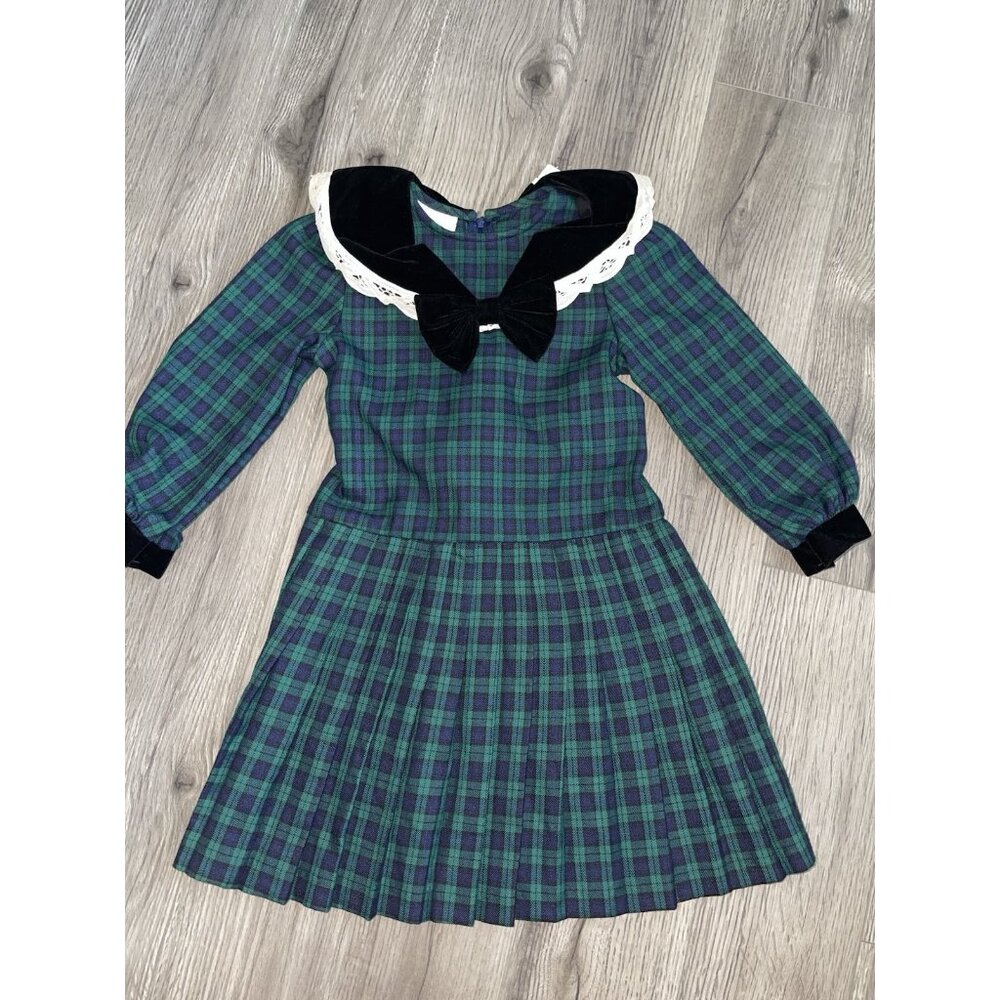 Vintage Bonnie Jean New York Girls‎ Size 4 Green Dress  Black Velvet Trim